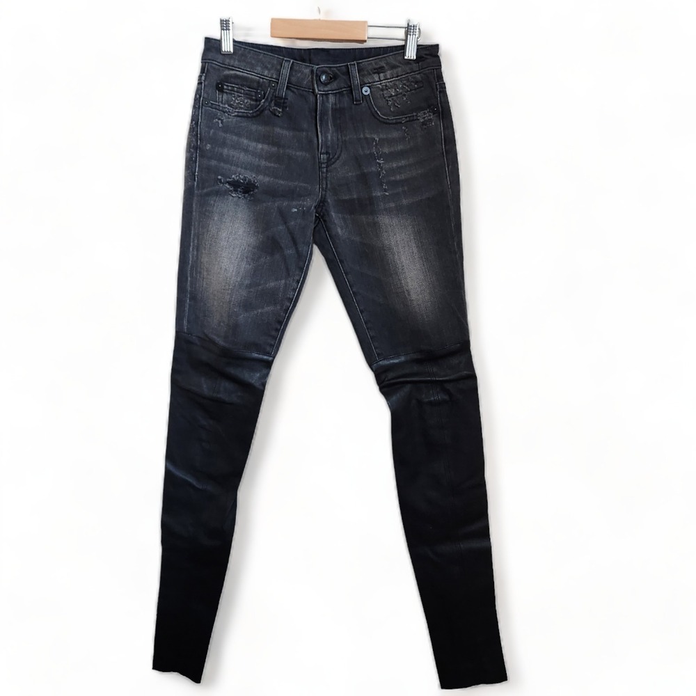 R13 Japanese Denim Jeans Knee Chaps Shredded Black Leather 24 R13wm0040-69‎